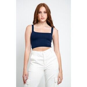 Free People M/L Intimately Crop Tank Top Navy Blue Scoop Neck Seamless NWT